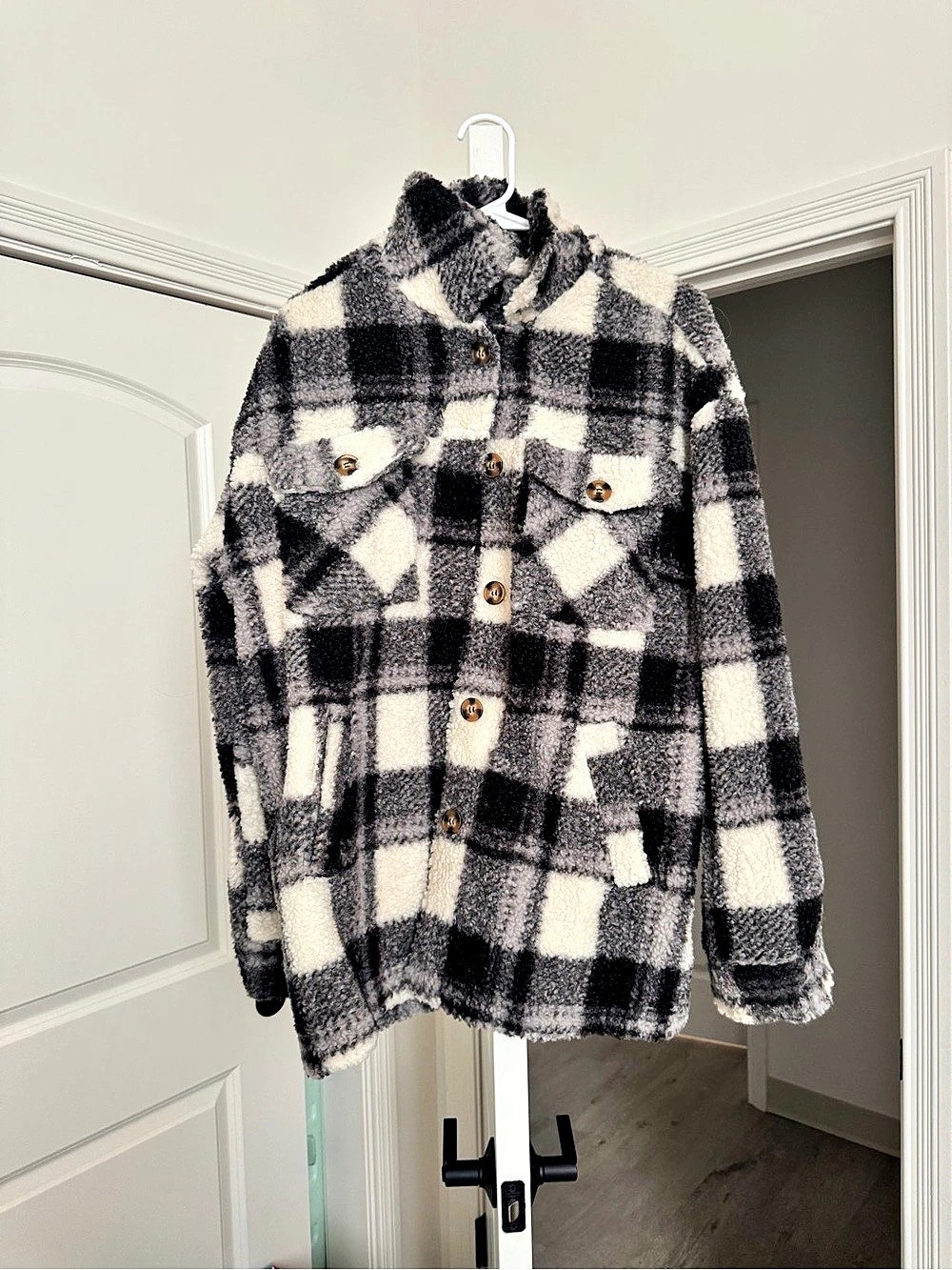 Love Tree Black and White Buffalo Plaid Sherpa Shacket Black & White Buffalo